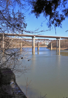 Train 56G crosses the Cumberland River Bridge, seen from the South portal of CNO&TP #4 