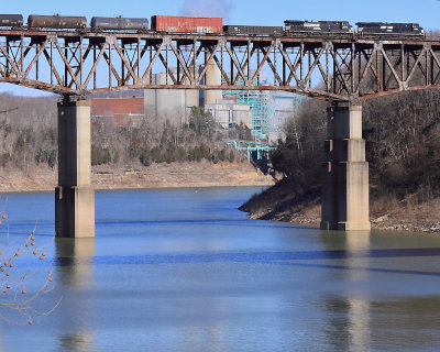 NS 143 crosses the Cumberland River Bridge, as seen from the South portal of CNO&TP  tunnel #4 