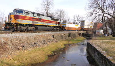 Lackawanna 1074 trails train 23G along Town Branch creek in Harrodsburg 