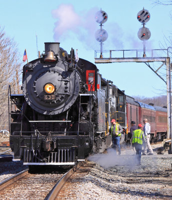 The crew from TVRM climbs down for a short break as the train waits under the CPL's at Radford.