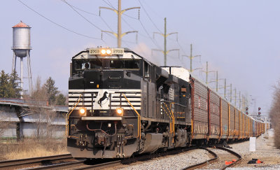 A SD70M-2 leads a rack train at CP Fayette, on the North side of Lexington