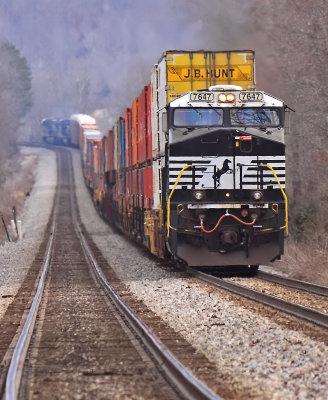 The DPU on 23G is shoving hard as the train starts up the grade to Kings Mountain 