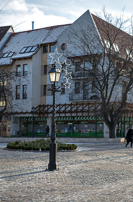 Festive but empty pedestrian mall