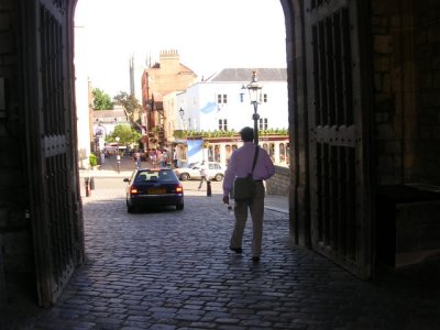 Castle guard letting a car through