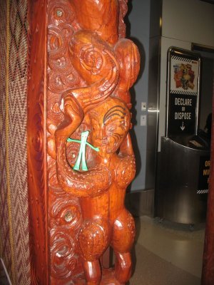Gumby at the Mauri gate in the Auckland airport