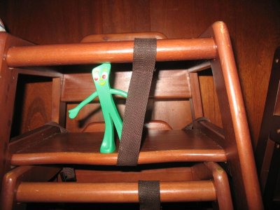 Gumby tries out the booster seat