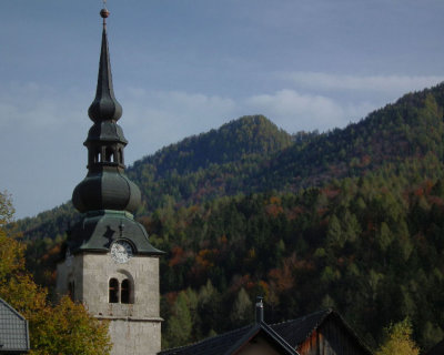 Church tower and hills_Kranjska Gora