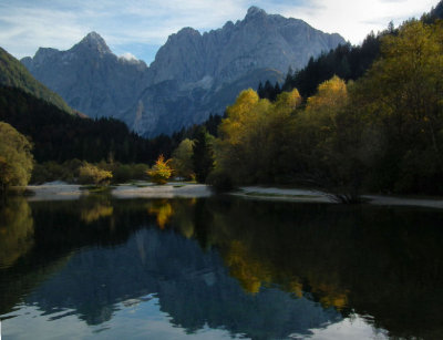 Lake Jasna with Razor and Prisank mountains nearKranjska Gora