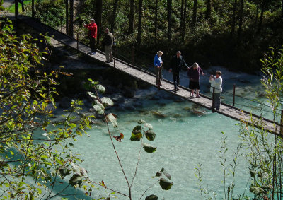 Wobbly bridge over river Soca