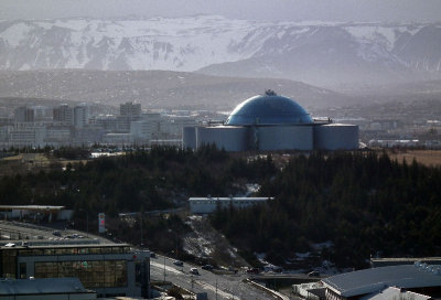 Reykjavik view out of city towards geothermal water tanks Southish 