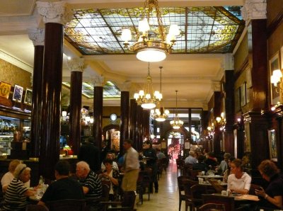 Inside Cafe Tortoni, spectacular wood & green marble tables, and plenty of Tiffany stained glass