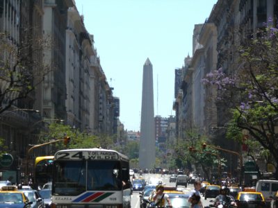 Looking down Avenida Rogue Saenz Pena at the Obelisco de Buenos Aires