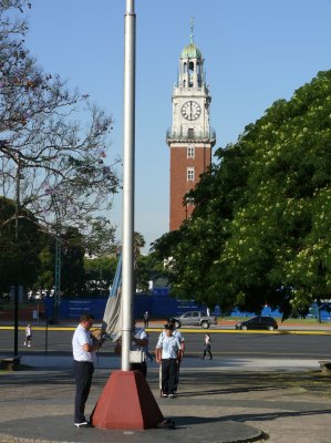The Torre Monumental (British Clock Tower) sits opposite the memorial.