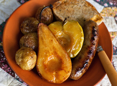Oven-Roasted Sausages with Riesling, Apples, and Pears