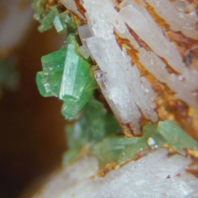 Pyromorphite crystals on baryte, 6 cm specimen, Hungry Hushes, Arkengarthdale, N Yorkshire.