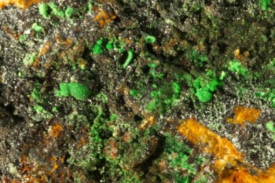 Spheroids and crystals of adamite (perhaps zincolivenite) on 25 mm specimen, Driggith Mine, Caldbeck Fells, Cumbria.