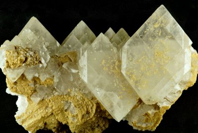 Doubly terminated lustrous celestite crystals to 68 mm long on 13 cm matrix. Tule Mine, Coahuila, Mexico.