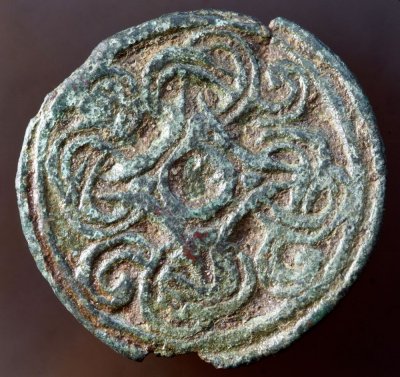 33 mm Borre-style brooch with interlace snakes off each corner of the central square, 9th Century, from Thetford, Norfolk.