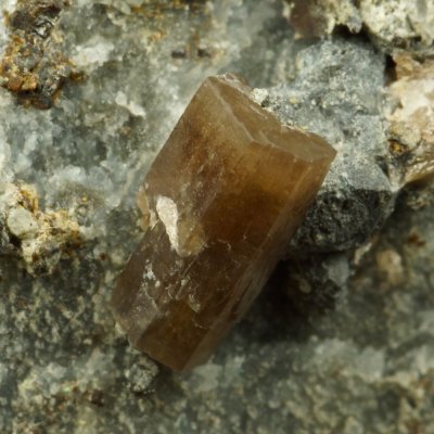 7 mm Pyromorphite crystal on 3 cm matrix. Force Crag Mine, Laporte Incline, Coledale, Braithwaite, Cumbria.
