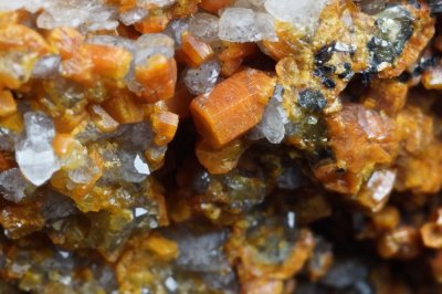 Mimetite in orange barrels on 3 cm quartz matrix. Mexico Mine, Caldbeck Fells, Cumbria.