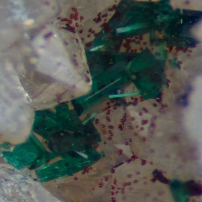 Brochantite microcrystals with carminite (or perhaps pitticite). Roughton Gill, Caldbeck Fells, Cumbria.
