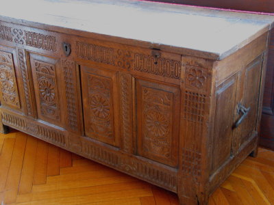Old carved chest  at the Rutherfurd Mansion.