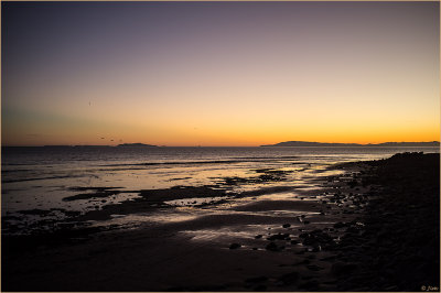 Low Tide Sunset, Two Islands and Pelicans