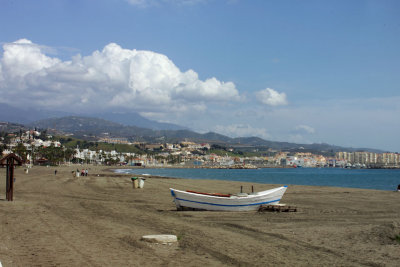 Torre del Mar beach - looking East, with Sierra Nevada skiing resort in the far clouds but only about 1 hours drive away.