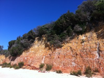 Red cliffs on beach