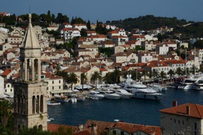 View over Hvar harbour with yachts.