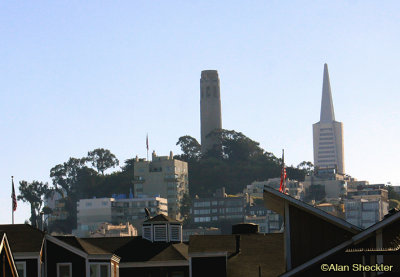 Coit Tower and the Transamerica Pyramid building, from Pier 39