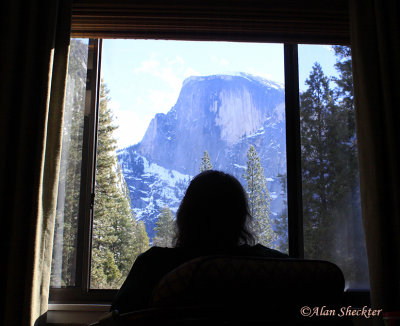Donna looking out of our room at The Ahwahnee 