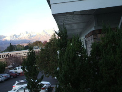 View from our hotel room first morning in Bishop. Sun lighting up the snow covered mountains