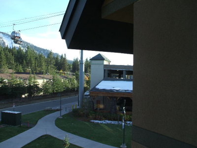 South Lake Tahoe-view from our villa window, snow still on the roofs and ground