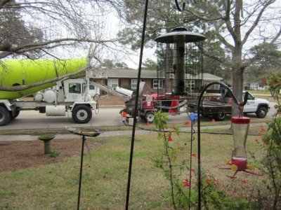 Cement truck and pumper out front