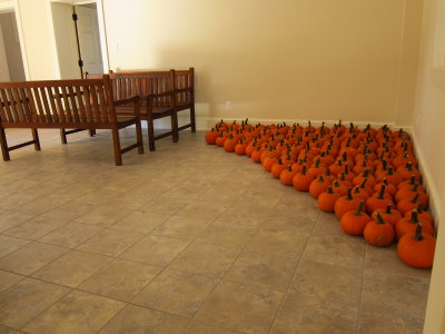 finished benches and triangular pumpkins