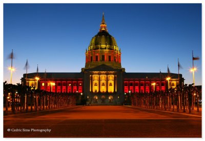 San Francisco City Hall lit up  in 49er Red & Gold