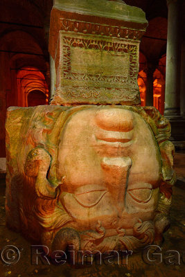 Upside down stone head of Medusa in the underground Basilica Cistern of Istanbul Turkey