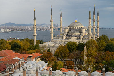 Blue Mosque and Madrasa on European side with Asian side of Istanbul Turkey over the Bosphorus