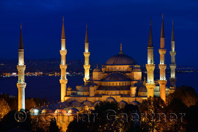 Lit Blue Mosque at twilight on the Bosphorus Sultanahmet Istanbul Turkey