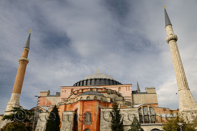 Earlier two minarets of the ancient Hagia Sophia in Istanbul Turkey