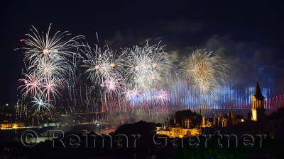 Bright Republic Day fireworks on the Bosphorus with Bridge lights and Topkapi and Dolmabahce Palaces Istanbul