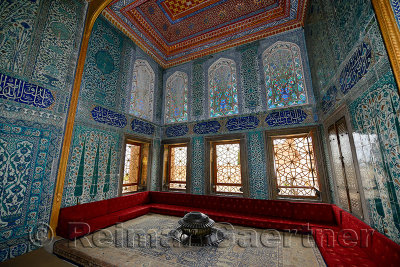 Twin pavilion apartments of the Crown Prince with sofa and Iznik tiles in the Topkapi Palace Harem Istanbul