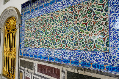 Ornate tiles and gilded window outside the Chamber of the Blessed Mantle Topkapi Palace Istanbul