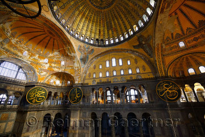 Golden domes frescoes and six winged Saraphim in the Hagia Sophia with wood roundels