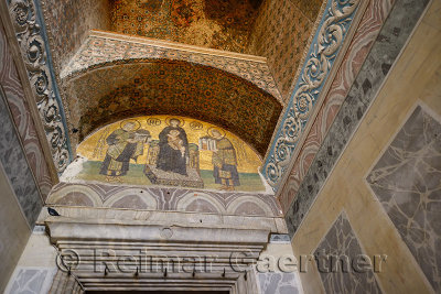 Mary with Christ child and Constantine with city and Justinian with Hagia Sofia at the exit