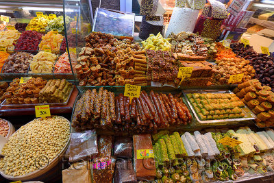 Turkish Delight and Viagra with dried fruit nuts and Baklava on display in Spice Market Istanbul