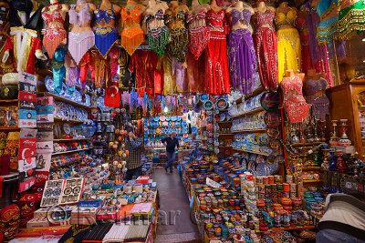 Shop in the Egyptian Spice Bazaar Istanbul with belly dancing costumes and ceramics