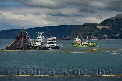 Purse Seine fishing boats on the Bosphorus Strait with Yoros Castle