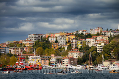 Istinye Harbour with coastal safety ships and pleasure boats on the Bosphorus Strait Istanbul Turkey